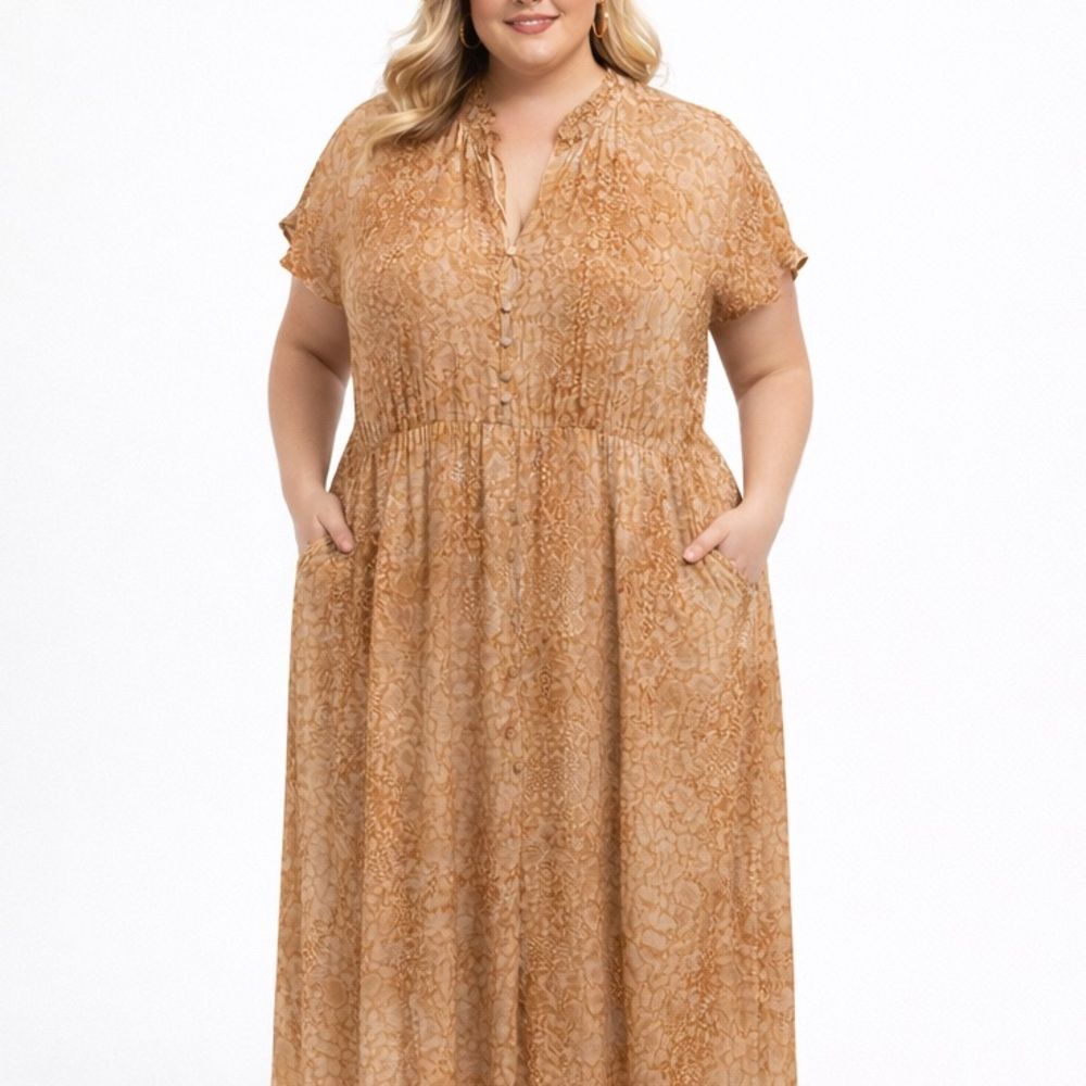 Worthington Animal Print Tan Lightweight Button Front Midi Dress Size XXL